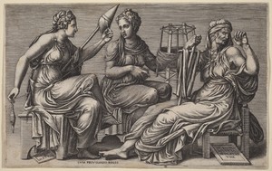 The Three Fates by Giorgio Ghisi, created 1558, in engraving on laid paper. Download this artwork as a high-resolution wallpaper for desktop, tablet, or mobile. — Art Picture