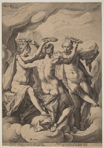 The Three Graces by Jacob Matham, created 1588, in engraving on beige laid paper. Download this artwork as a high-resolution wallpaper for desktop, tablet, or m — Jacob Matham Wallpaper