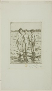 The Three Graces by Anders Zorn, created 1910, in Etching on light blue-green wove paper. Download this artwork as a high-resolution wallpaper for desktop, tabl — Illustration Wallpaper