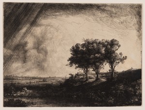 The Three Trees by Rembrandt van Rijn, created 1643, in Etching and drypoint on ivory laid paper. Download this artwork as a high-resolution wallpaper for deskt — Illustration Wallpaper