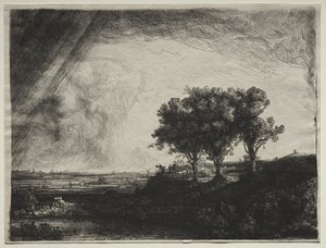 The Three Trees by Rembrandt van Rijn, created c. 1770–1844, in etching and drypoint with roulette. Download this artwork as a high-resolution wallpaper for des — Rembrandt van Rijn Wallpaper