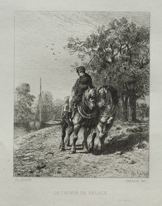 The Tow Path by Charles Emile Jacque, created 1864, in etching. Download this artwork as a high-resolution wallpaper for desktop, tablet, or mobile. — Charles Emile Jacque Wallpaper