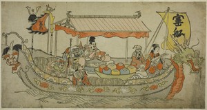 The Treasure Ship by Furuyama Moromasa, created c. 1712, in Hand-colored woodblock print; horizontal o-oban, sumizuri-e. Download this artwork as a high-resolut — Furuyama Moromasa Wallpaper