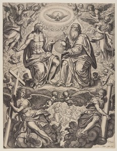 The Trinity by Philips Galle, created 1574, in Engraving on ivory laid paper. Download this artwork as a high-resolution wallpaper for desktop, tablet, or mobil — Illustration Background