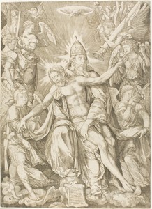 The Trinity by Johann Ladenspelder, created 1542, in Engraving in black on ivory laid paper. Download this artwork as a high-resolution wallpaper for desktop, t