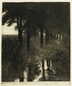 The Trout Pool by Franz von Stuck, created 1890, in Etching in dark brown on cream laid paper. Download this artwork as a high-resolution wallpaper for desktop, — Franz von Stuck Wallpaper