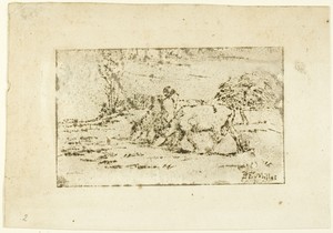 The Two Cows by Jean François Millet, created c. 1847, in Etching and drypoint on ivory wove paper. Download this artwork as a high-resolution wallpaper for des — Illustration Wallpaper