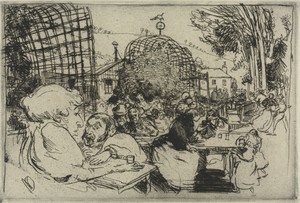 The Two Hunchbacks by Auguste Louis Lepère, created 1893, in etching. Download this artwork as a high-resolution wallpaper for desktop, tablet, or mobile. — Auguste Louis Lepère Wallpaper