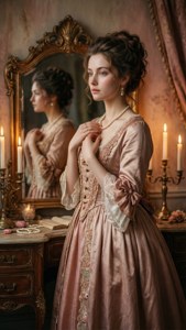 Un papier peint rococo représentant une femme raffinée ajustant des perles devant un miroir doré, roses doux et ors,