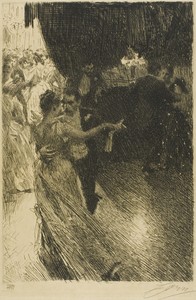 The Waltz by Anders Zorn, created 1891, in Etching on cream wove paper. Download this artwork as a high-resolution wallpaper for desktop, tablet, or mobile. — Illustration Wallpaper