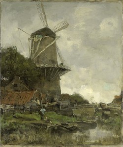 The Windmill by Jacob Maris, created c. 1880 - c. 1886, in canvas; oil paint (paint). Download this artwork as a high-resolution wallpaper for desktop, tablet, — Jacob Maris Wallpaper