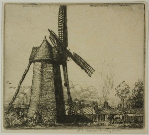 The Windmill by Donald Shaw MacLaughlan, created 1902, in Etching in black on cream laid paper. Download this artwork as a high-resolution wallpaper for desktop — Donald Shaw MacLaughlan Wallpaper