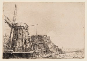 The Windmill by Rembrandt van Rijn, created 1641, in Etching on ivory laid paper. Download this artwork as a high-resolution wallpaper for desktop, tablet, or m — Illustration Wallpaper