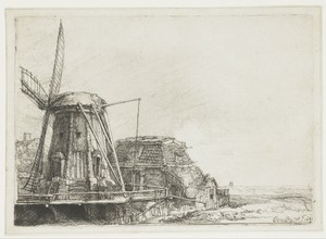 The windmill by Rembrandt van Rijn, created 1641, in paper; etching. Download this artwork as a high-resolution wallpaper for desktop, tablet, or mobile. — Rembrandt van Rijn Wallpaper