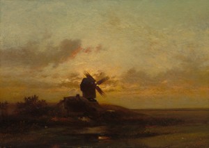 The Windmill by Jules Dupré, created late 1850s, in oil on fabric. Download this artwork as a high-resolution wallpaper for desktop, tablet, or mobile. — Jules Dupré Wallpaper