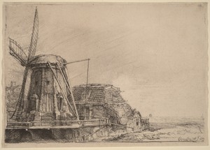The Windmill by Rembrandt van Rijn, created 1641, in etching on laid paper. Download this artwork as a high-resolution wallpaper for desktop, tablet, or mobile. — Rembrandt van Rijn Wallpaper