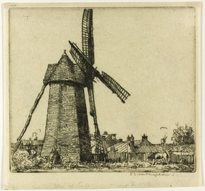 The Windmill by Donald Shaw MacLaughlan, created 1902, in Etching in black on cream wove paper. Download this artwork as a high-resolution wallpaper for desktop — Donald Shaw MacLaughlan Wallpaper