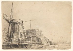 The Windmill by Rembrandt Harmensz van Rijn, created 1641, in Etching on laid paper. Download this artwork as a high-resolution wallpaper for desktop, tablet, o — Rembrandt Harmensz van Rijn Wallpaper