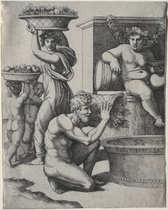 The Wine Press by Marcantonio Raimondi, created c. 1517–20, in engraving. Download this artwork as a high-resolution wallpaper for desktop, tablet, or mobile. — Art Wallpaper