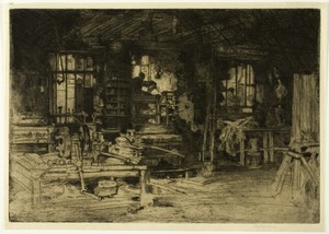 The Workshop by David Young Cameron, created 1905, in Etching and drypoint on ivory laid paper. Download this artwork as a high-resolution wallpaper for desktop — Art Picture