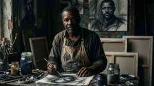 William Johnson in zijn zwak verlichte studio met doeken en pigmenten.