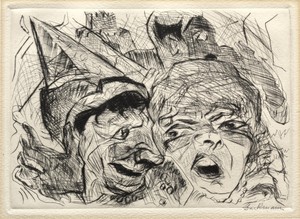 Theater by Max Beckmann, created 1916, in drypoint. Download this artwork as a high-resolution wallpaper for desktop, tablet, or mobile. — Max Beckmann Wallpaper