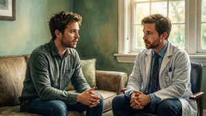 En blid akvarel af Evan Hansen i terapi, med varmt lys og en introspektiv stemning.