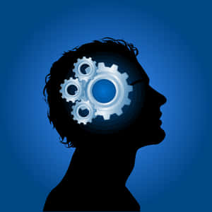 Schwarze Silhouette eines menschlichen Kopfes mit silbernen Zahnrädern im Inneren auf blauem Hintergrund — Gears Wallpaper