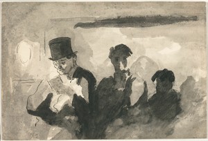Third Class Carriage by Honoré-Victorin Daumier, created 1864, in Brush and black ink and gray wash, black chalk and black chalk wash, with spattered gray gouac — Illustration Background