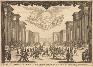 Third Intermezzo by Jacques Callot, created 1617, in etching on laid paper. Download this artwork as a high-resolution wallpaper for desktop, tablet, or mobile. — Jacques Callot Wallpaper