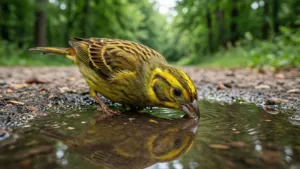 En gulsparv som dricker ur en pöl i skogen