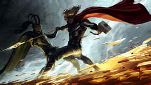Thor and Loki fighting with weapons in a stormy battle scene. — Thorfinn Wallpaper