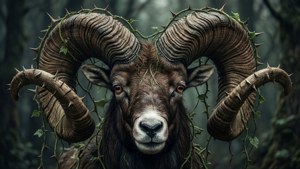 Vädurliknande demonhorn sammanflätade med rankor och törnen i en gotisk skog.