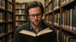 Charlie Day lost in a book in a cozy library setting.