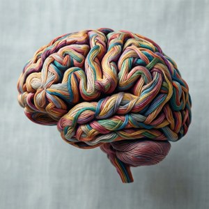 A brain made of colorful yarn strands against a gray background.