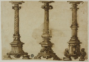 Three Candelabra by Giovanni Battista Montano, created 1550/1621, in Pen and iron gall ink with brush and brown wash, over black chalk, on cream laid paper, lai