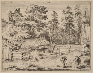 Three Cottages by Allaert van Everdingen, created probably c. 1645/1656, in etching with engraving. Download this artwork as a high-resolution wallpaper for des — Art Picture