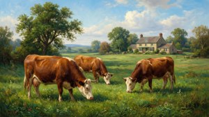 Drei Kühe grasen friedlich auf einer üppigen grünen Wiese mit einem Bauernhaus