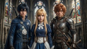 Kirito con Alice y Eugeo en una catedral.