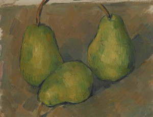 Three Pears by Paul Cezanne, created 1878/1879, in oil on canvas. Download this artwork as a high-resolution wallpaper for desktop, tablet, or mobile. — Paul Cezanne Wallpaper