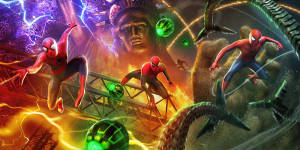 Tre Spider-Man-hjältar bekämpar enorma utomjordiska varelser i en brinnande, elektrisk stadsbild. — Akatsuki Poster Bakgrundsbilder