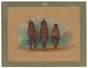 Three Taruma Indians by George Catlin, created 1854/1869, in oil on card mounted on paperboard. Download this artwork as a high-resolution wallpaper for desktop — George Catlin Wallpaper