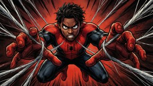 Miles Morales stürmt mit Netzsträngen in dramatischer Perspektive auf den Betrachter zu.