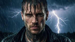 Dramatisches Hintergrundbild von Machine Gun Kelly in einem Gewitter mit Regen und Blitz
