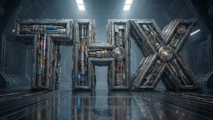 3D metallic THX logo in a futuristic corridor with reflections.