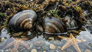 Tresus-schelpen in een getijdenpoel met zeesterren.