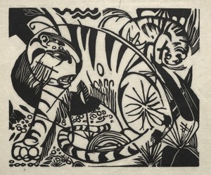 Tiger by Franz Marc, created 1912, in woodcut. Download this artwork as a high-resolution wallpaper for desktop, tablet, or mobile. — Art Picture