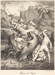 Tiger Hunt by Charles Etienne Pierre Motte, created 1821, in lithograph on wove paper. Download this artwork as a high-resolution wallpaper for desktop, tablet, — Art Picture