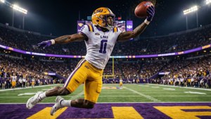 Kayshon Boutte faz uma recepção em salto nas cores da LSU com iluminação do estádio.