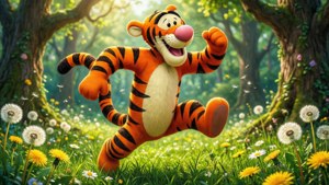 Tigger hopper gennem engen i Hundredemeterskoven om foråret.